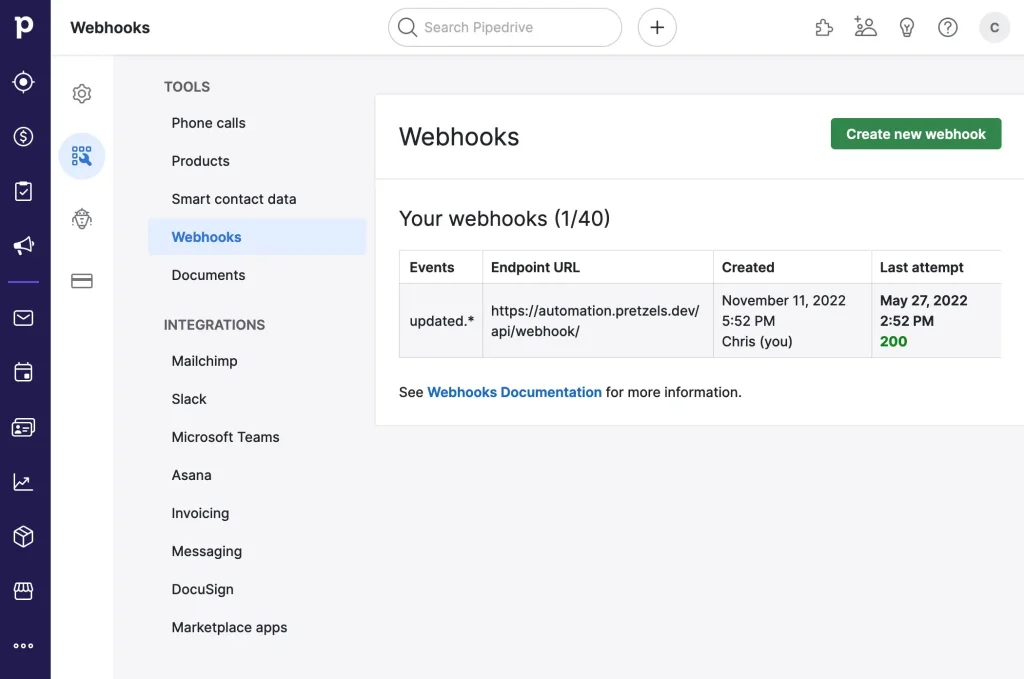 Webhook-Settings in Pipedrive CRM to automate Marketing with Laravel Webapp.