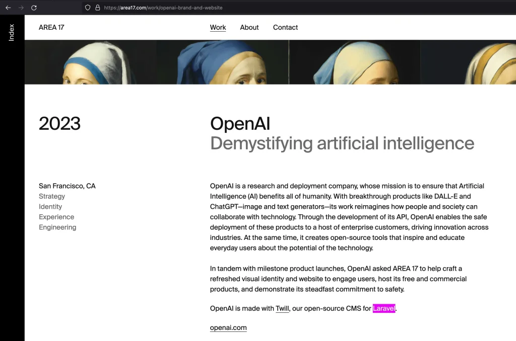 Screenshot of area17.com about using Laravel based CMS Twill for OpenAI.